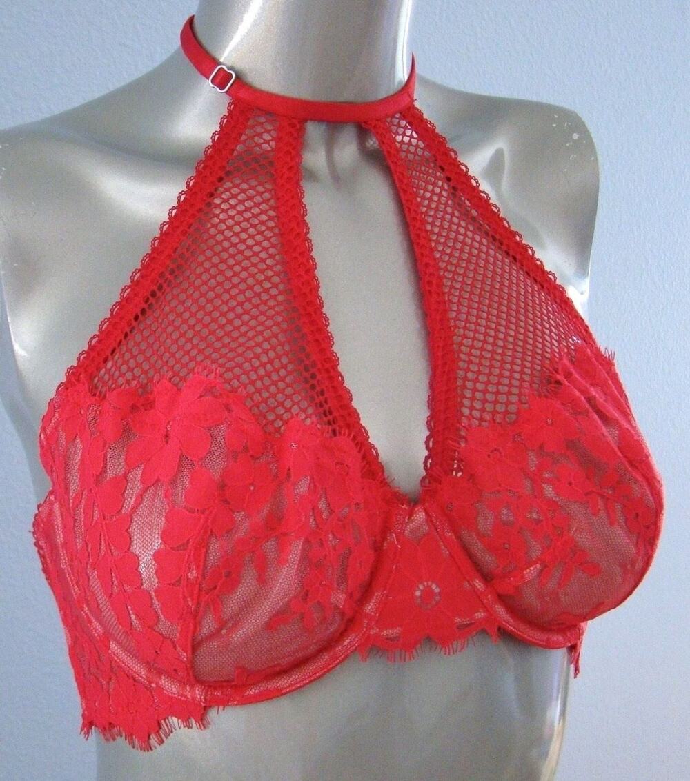 Victoria's Secret Nwt Dream Angels High Neck Red Chantilly Lace Mesh Unlined Bra
